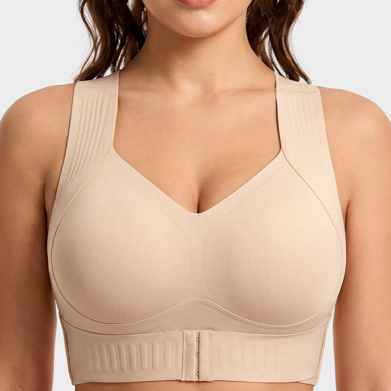 Posture support wireless sports bra with X-back alignment