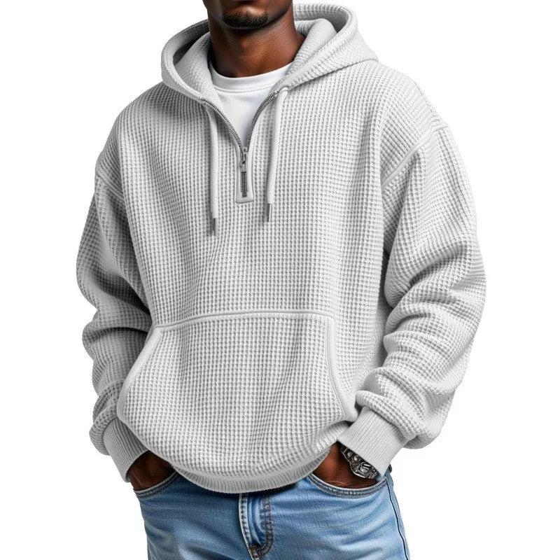 Waffle Texture Hoodie with Half Zip