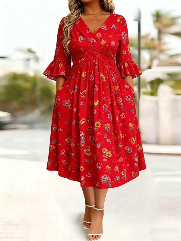 Wrap-Front Tie-Waist Midi Dress With Pockets