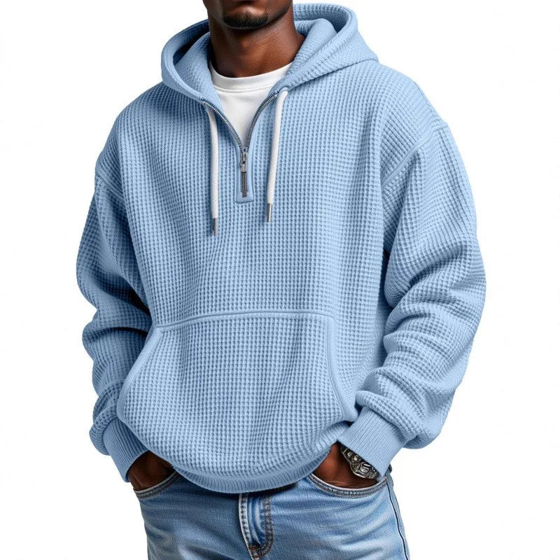 Waffle Texture Hoodie with Half Zip