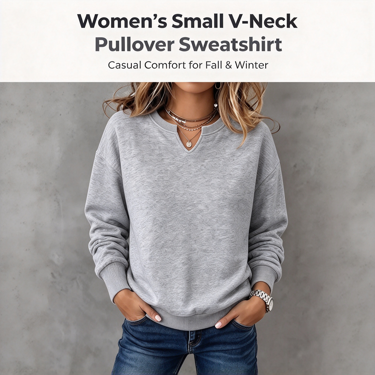 Women's Solid-color Small V-neck Pullover Sweatshirt for Autumn/Winter