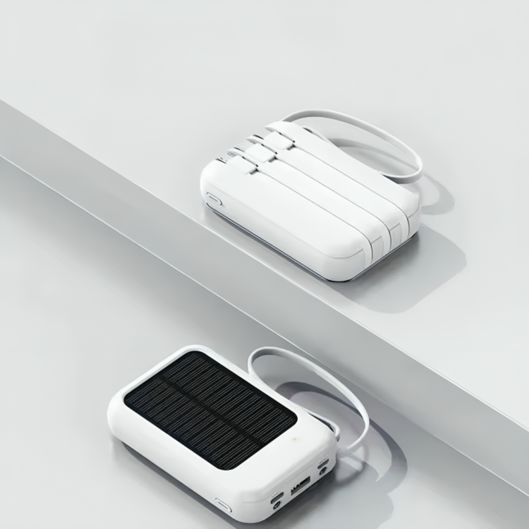 Solar power bank 10000mAh with LED flashlight and built-in cables