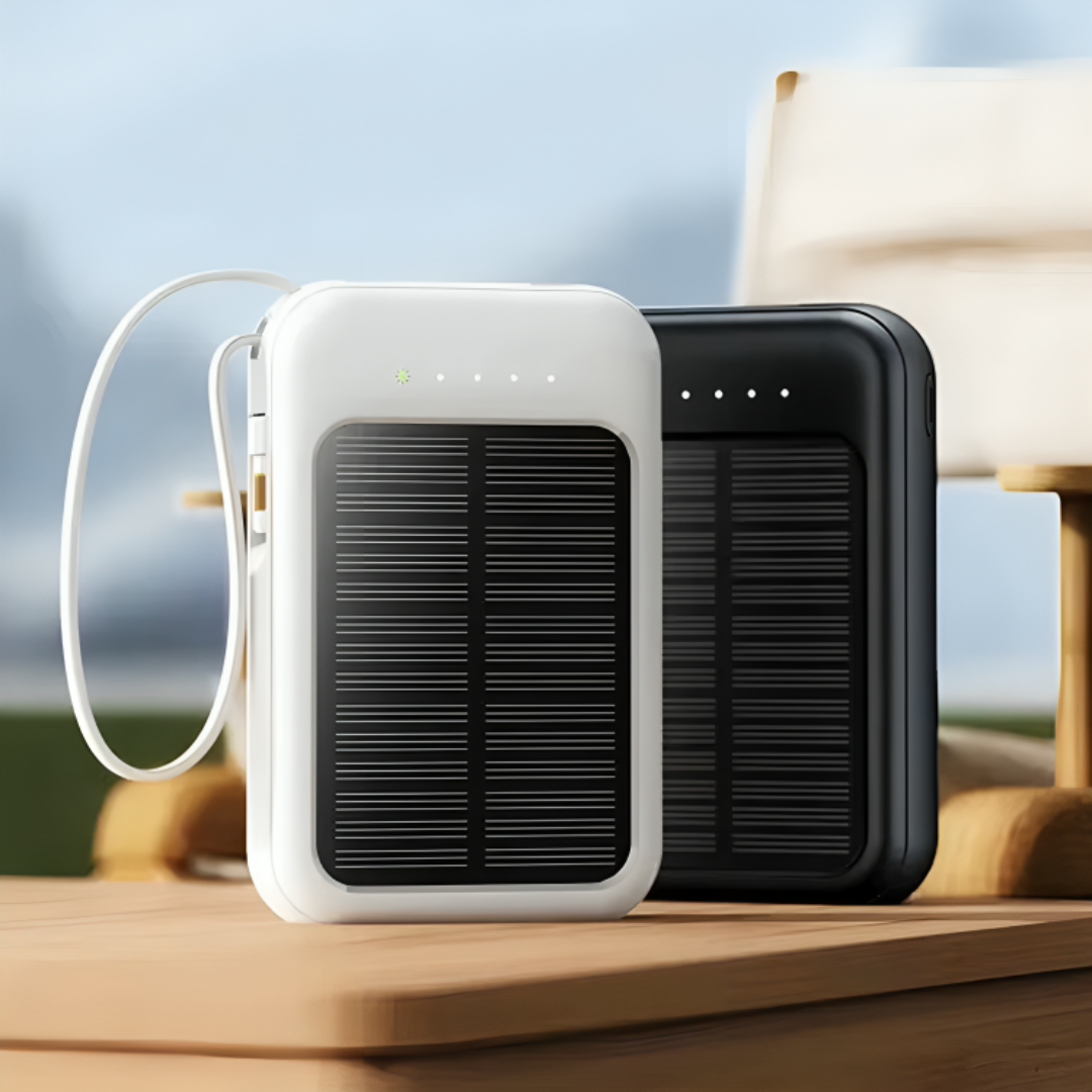 Solar power bank 10000mAh with LED flashlight and built-in cables