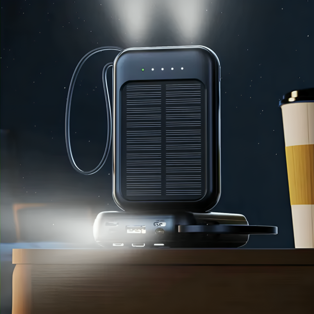 Solar power bank 10000mAh with LED flashlight and built-in cables