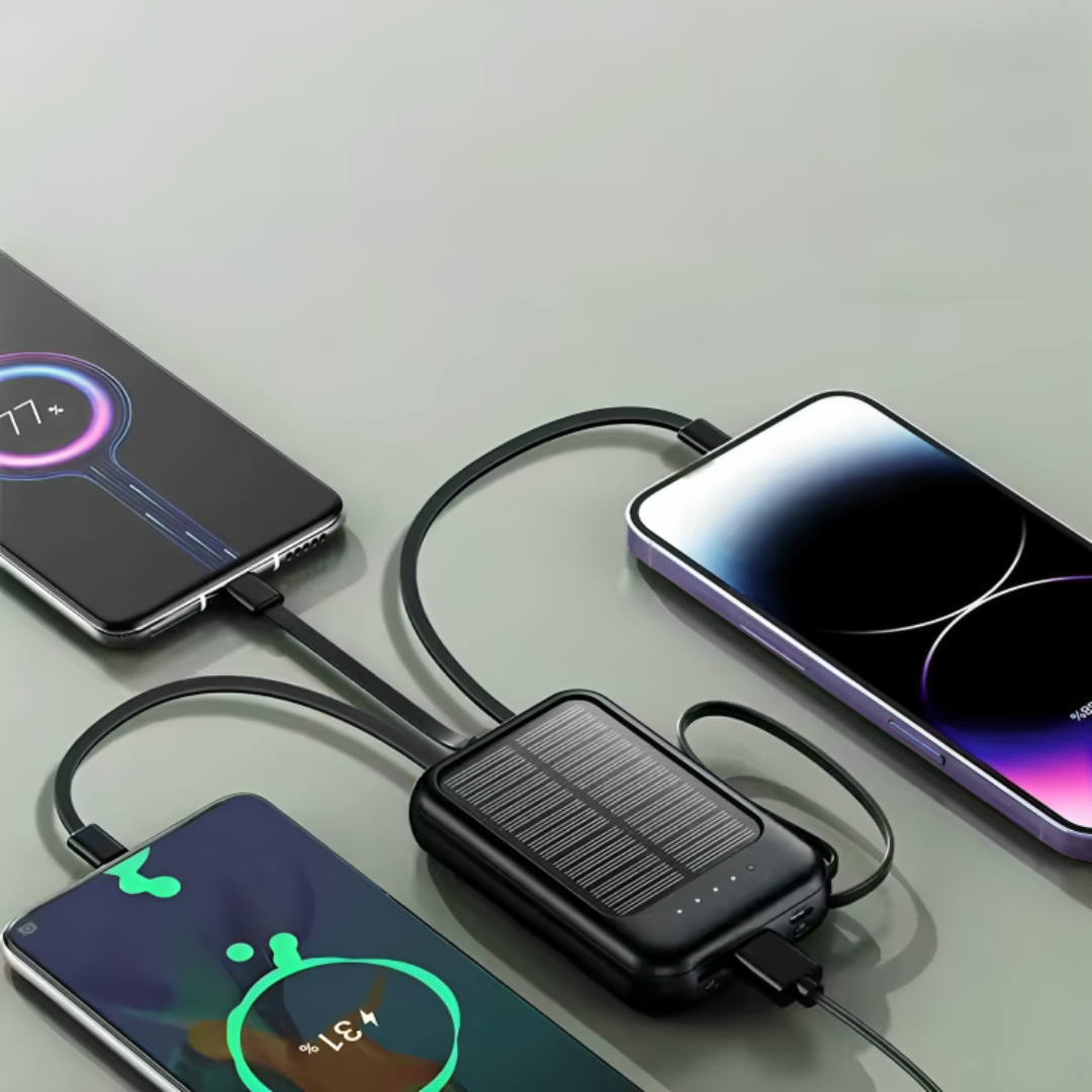 Solar power bank 10000mAh with LED flashlight and built-in cables