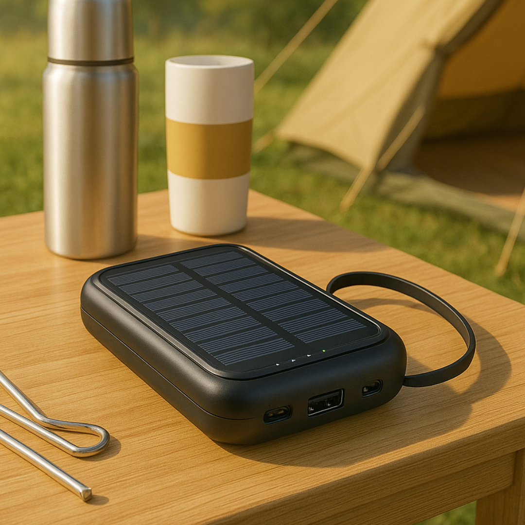 Solar power bank 10000mAh with LED flashlight and built-in cables