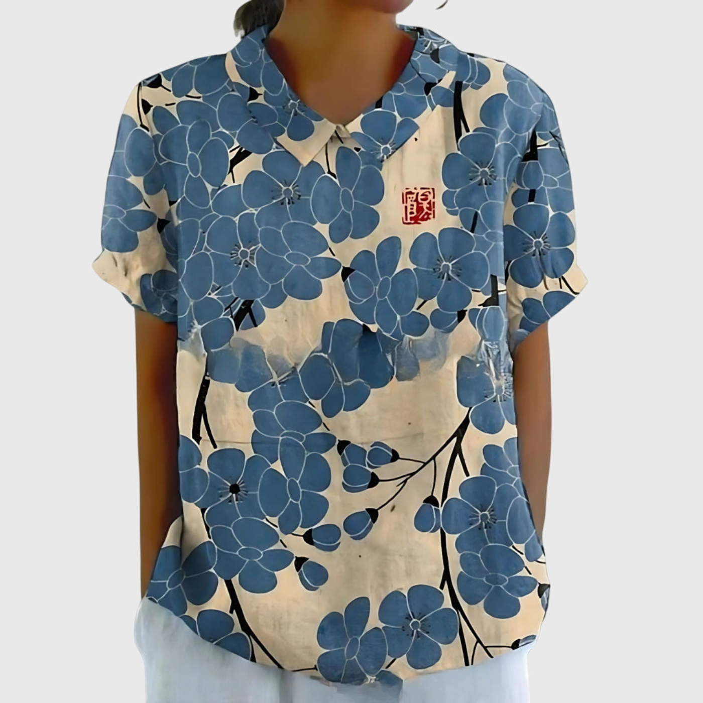 Celrien | Women's Linen Floral Print Short Sleeve Collared Blouse