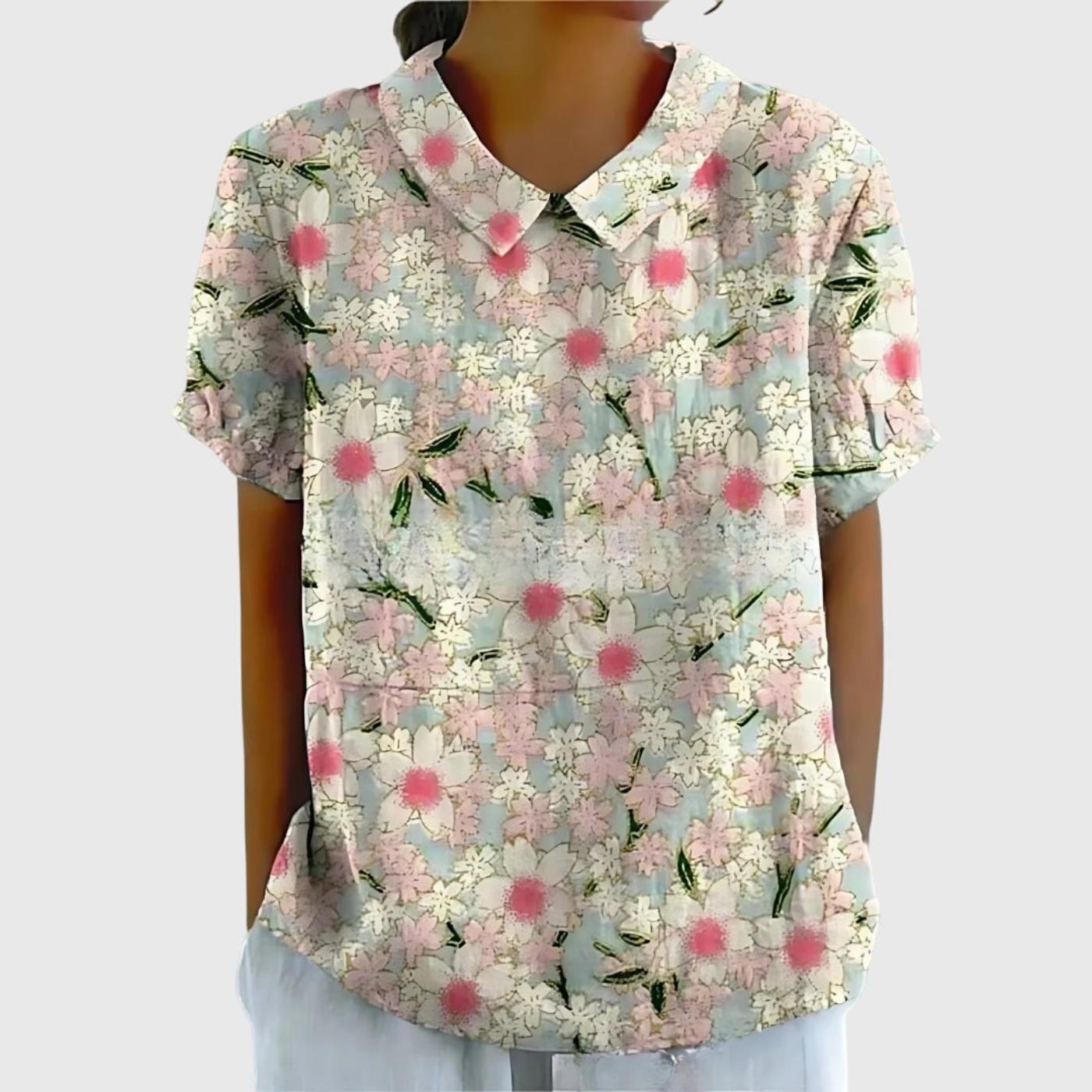 Celrien | Women's Linen Floral Print Short Sleeve Collared Blouse