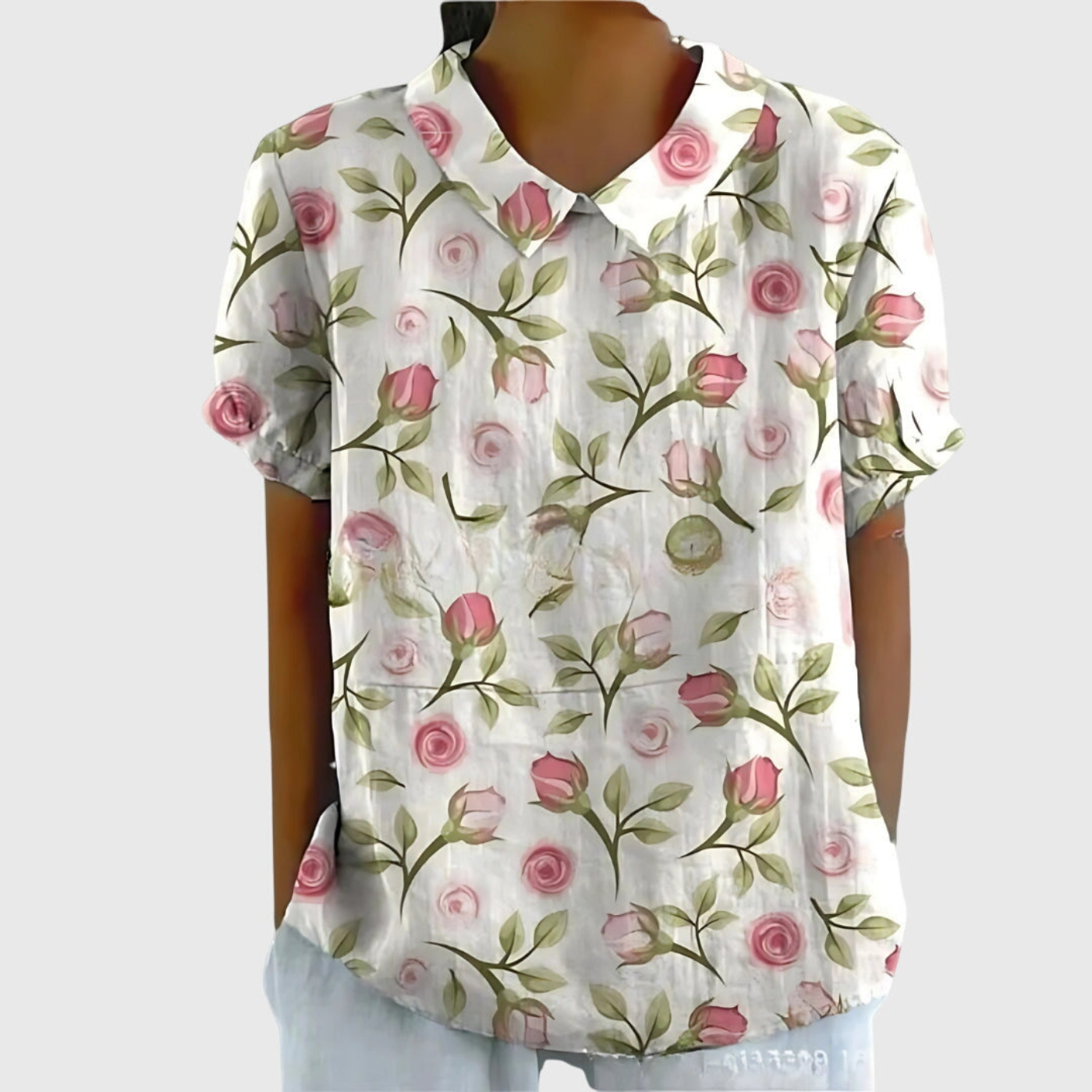 Celrien | Women's Linen Floral Print Short Sleeve Collared Blouse