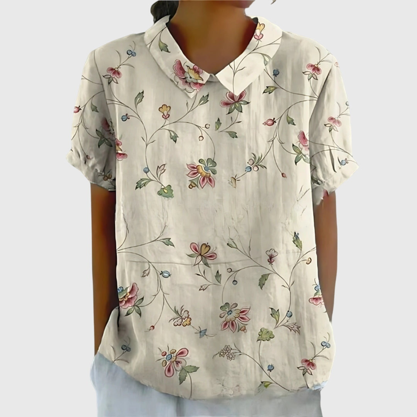 Celrien | Women's Linen Floral Print Short Sleeve Collared Blouse