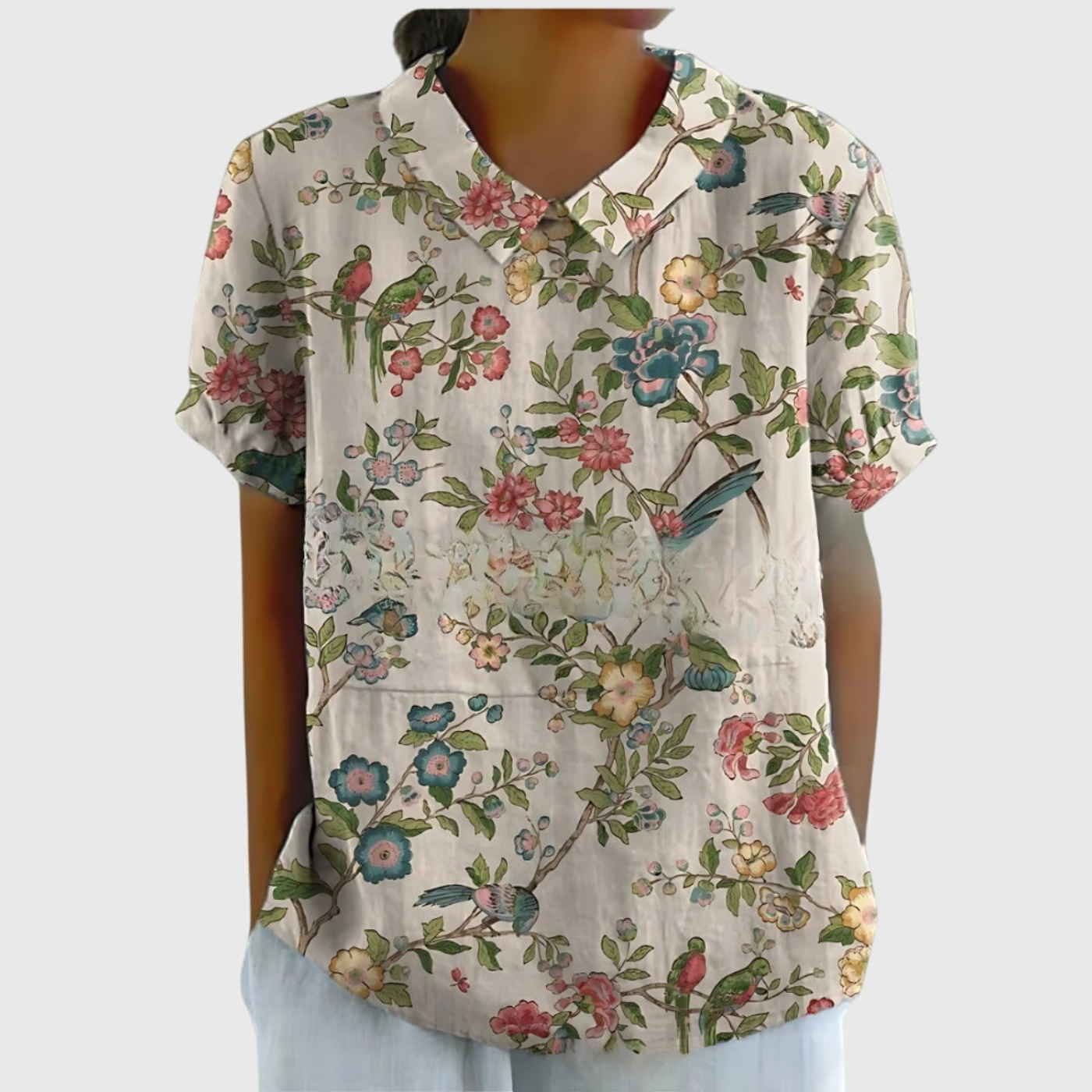 Celrien | Women's Linen Floral Print Short Sleeve Collared Blouse