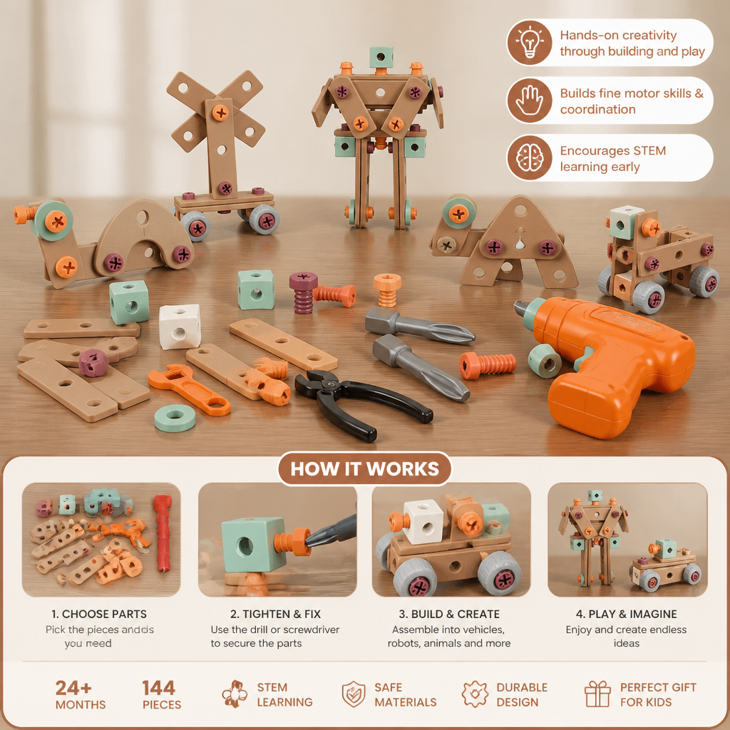 144-Piece Kids Tool Set with Drill & Toolbox