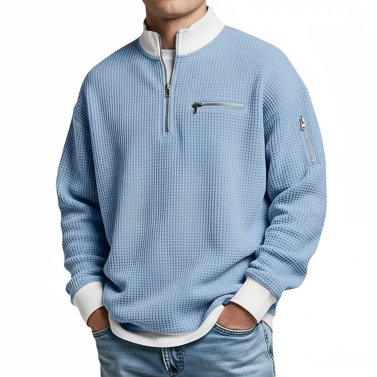 Men's Sweater | Waffle Knit Sweater with Half Zip
