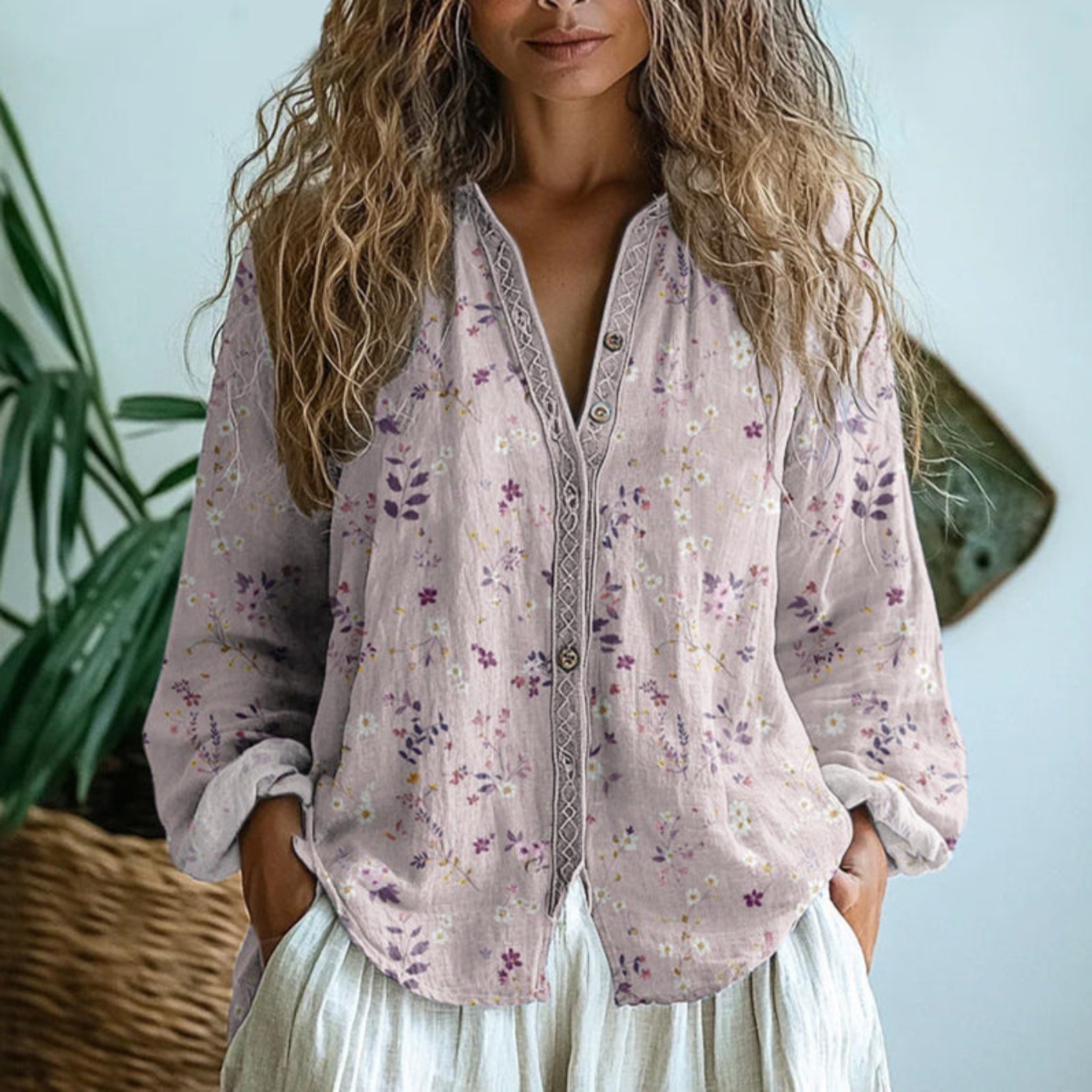 Celrien | Women's Linen Long Sleeve Button-Down Blouse