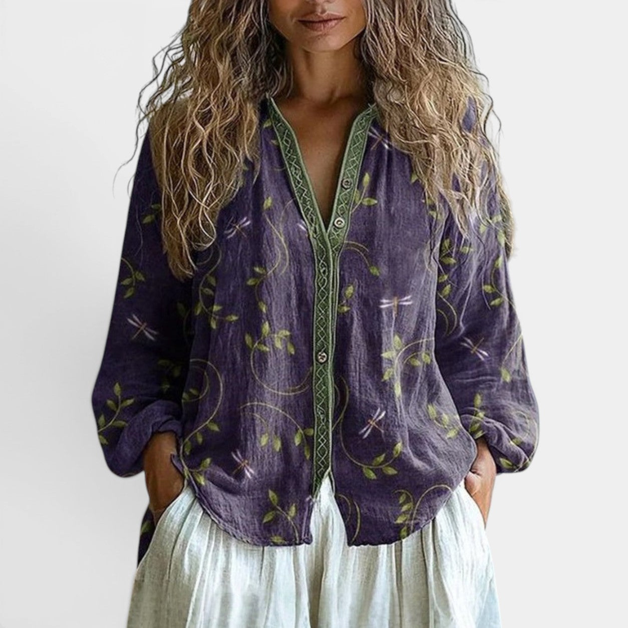 Celrien | Women's Linen Long Sleeve Button-Down Blouse
