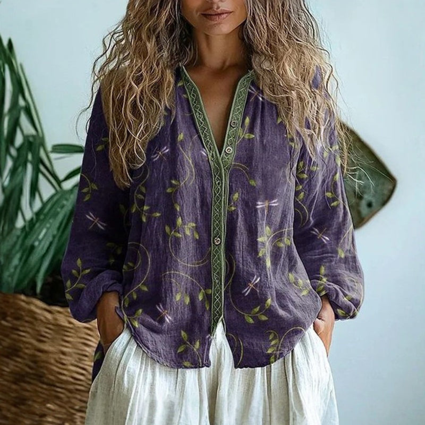 Celrien | Women's Linen Long Sleeve Button-Down Blouse