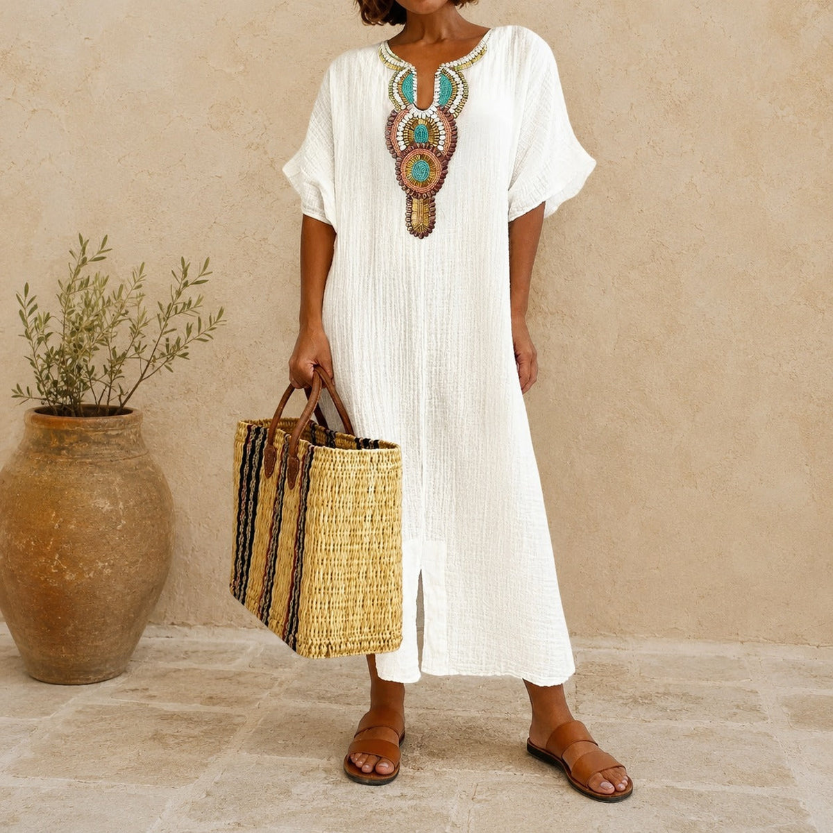 Cotton Linen Dress with Handcrafted Details and Loose Fit