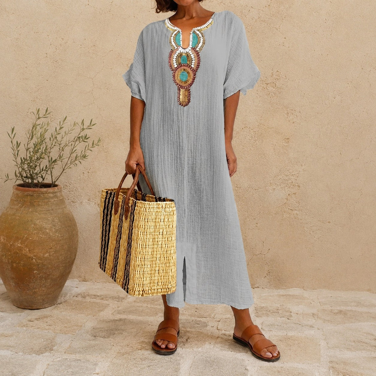 Cotton Linen Dress with Handcrafted Details and Loose Fit