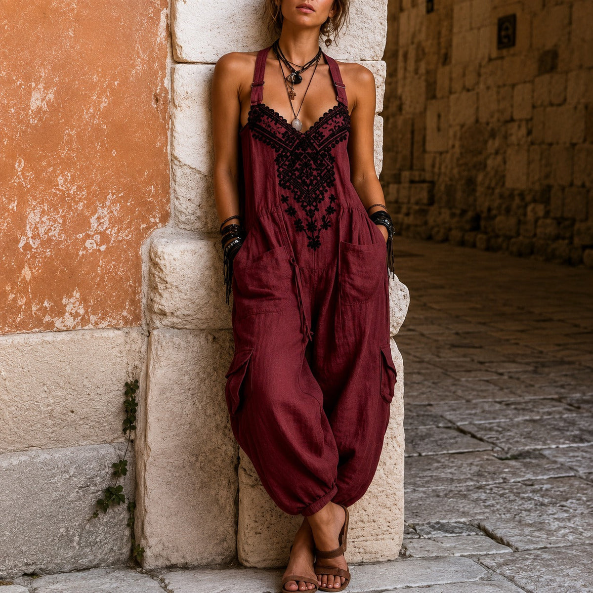 Jumpsuit with Ornamental Embroidery, V-Neck and Adjustable Straps
