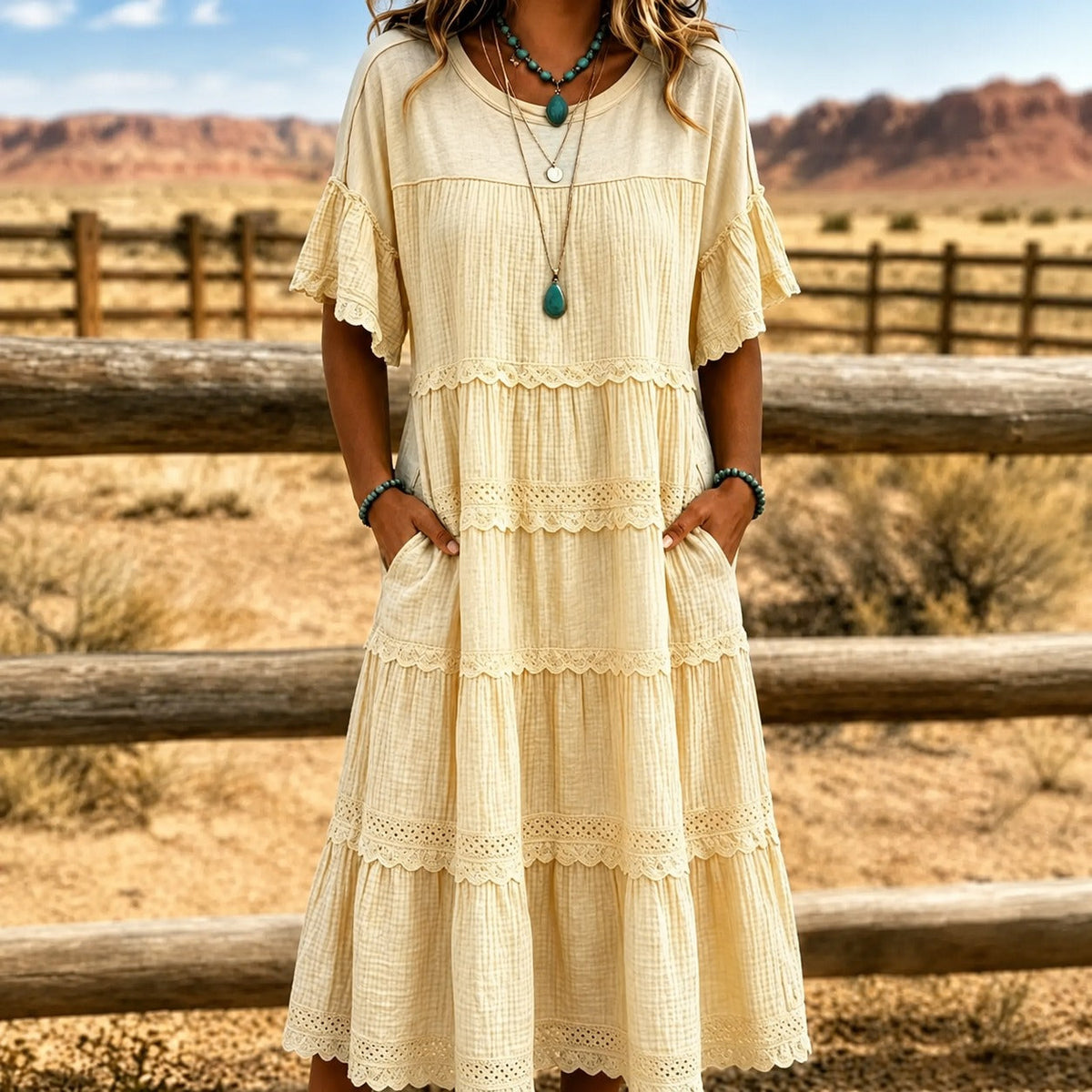 Layered Dress with Lace and Side Pockets