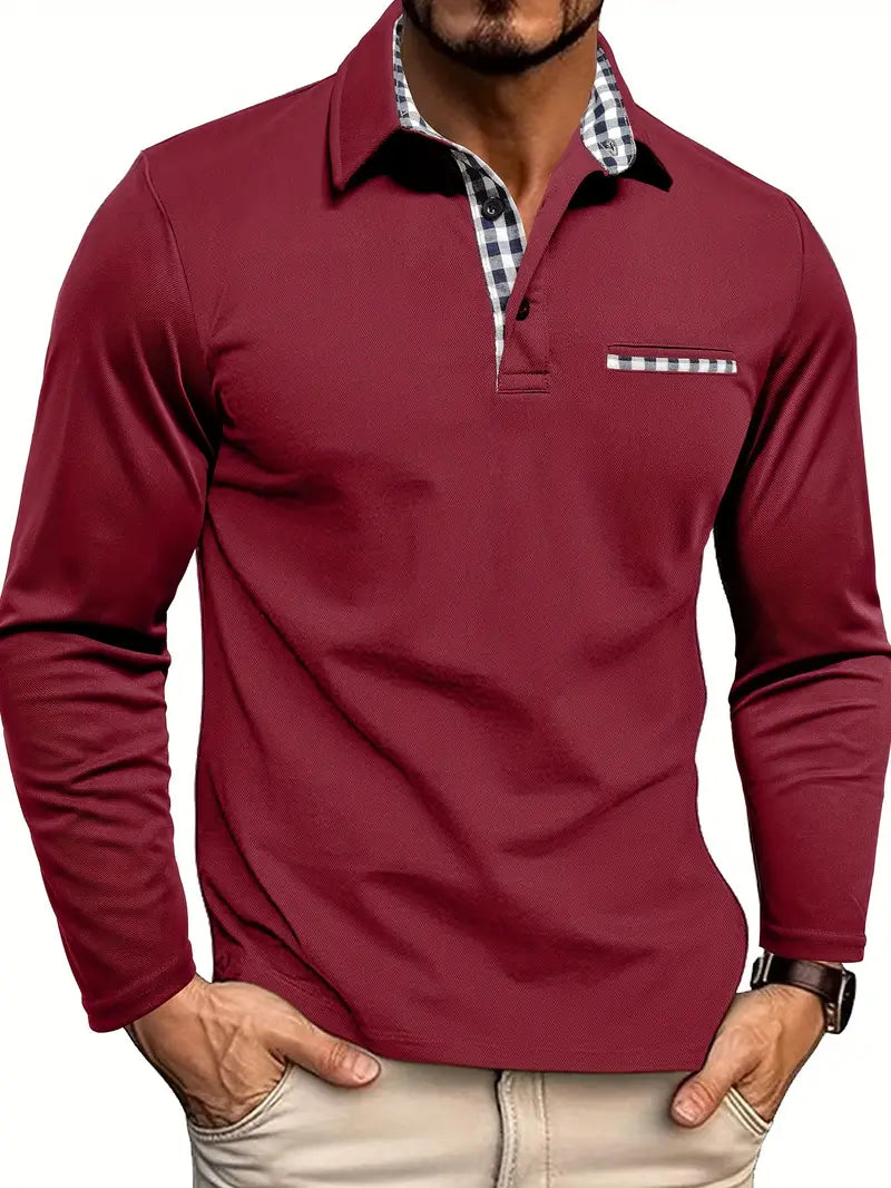 Long Sleeve Polo Shirt with Checked Contrast Collar