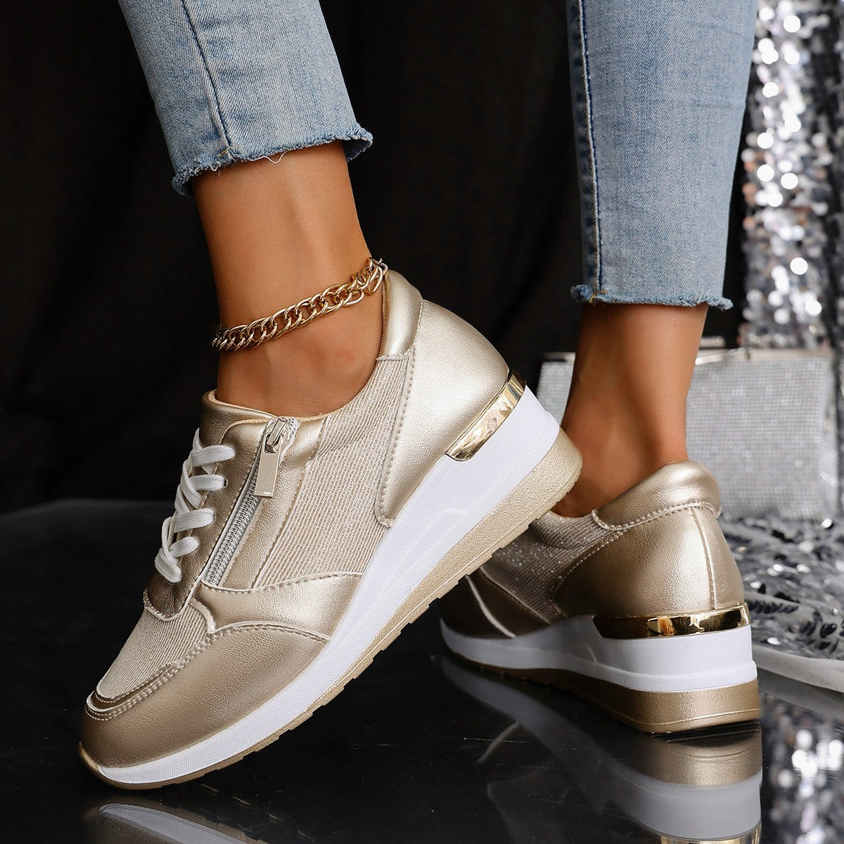 Women's Lace-Up Sneakers with Side Zip – Thick Sole, Comfort and Sporty Style