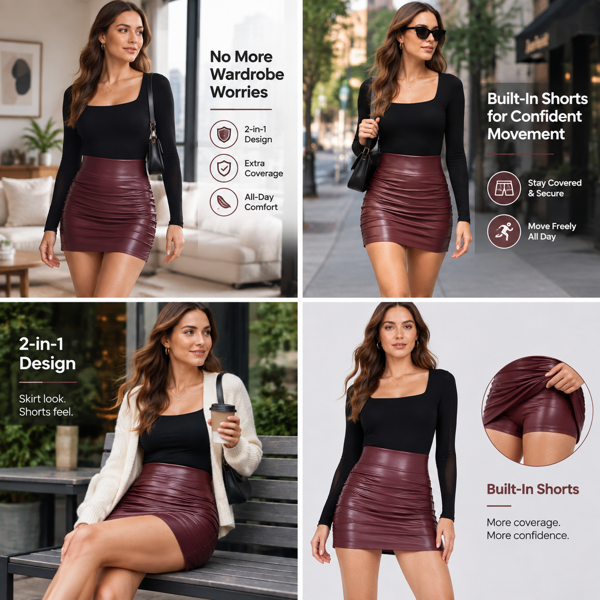 High Waisted Tummy Control Ruched Curved Hem 2-in-1 Fleece PU Mini Bodycon Skirt
