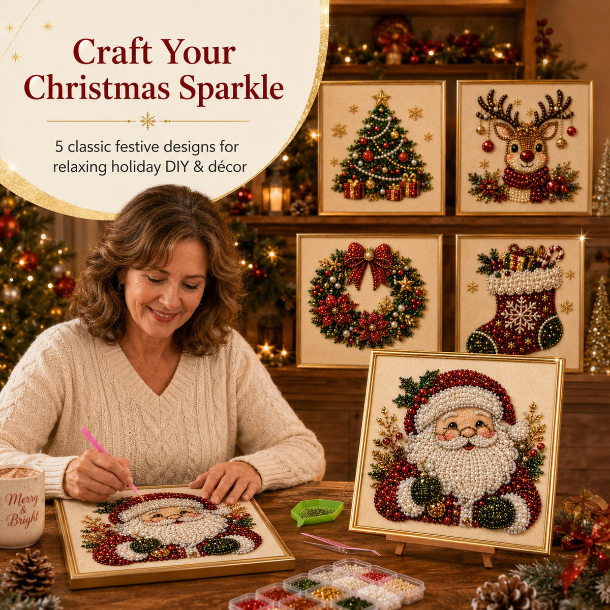 Relaxing & Beginner-Friendly DIY Christmas Pearl Diamond Painting Art Kit With Frame