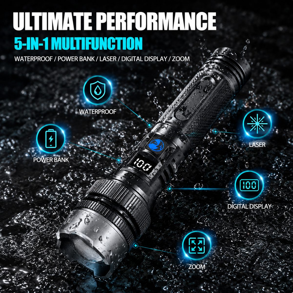 High-Power Rechargeable Zoom Flashlight – 2000LM, Power Bank & Digital Battery Display