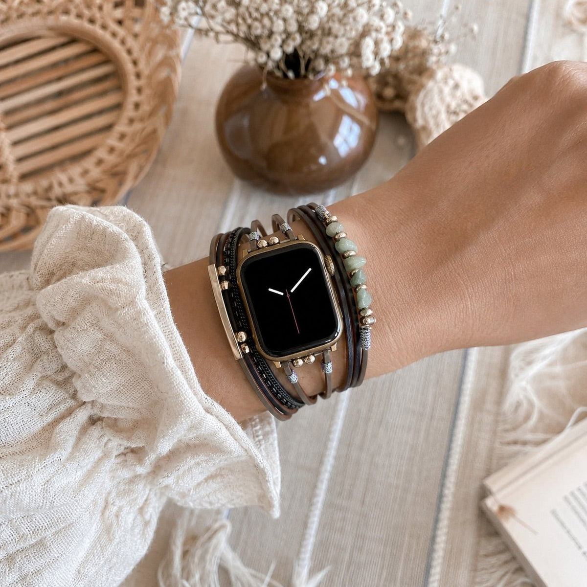 Women's Multi-Cord Watch Bracelet with Gold Details and Green Stones, Elegant Wrist Accessory