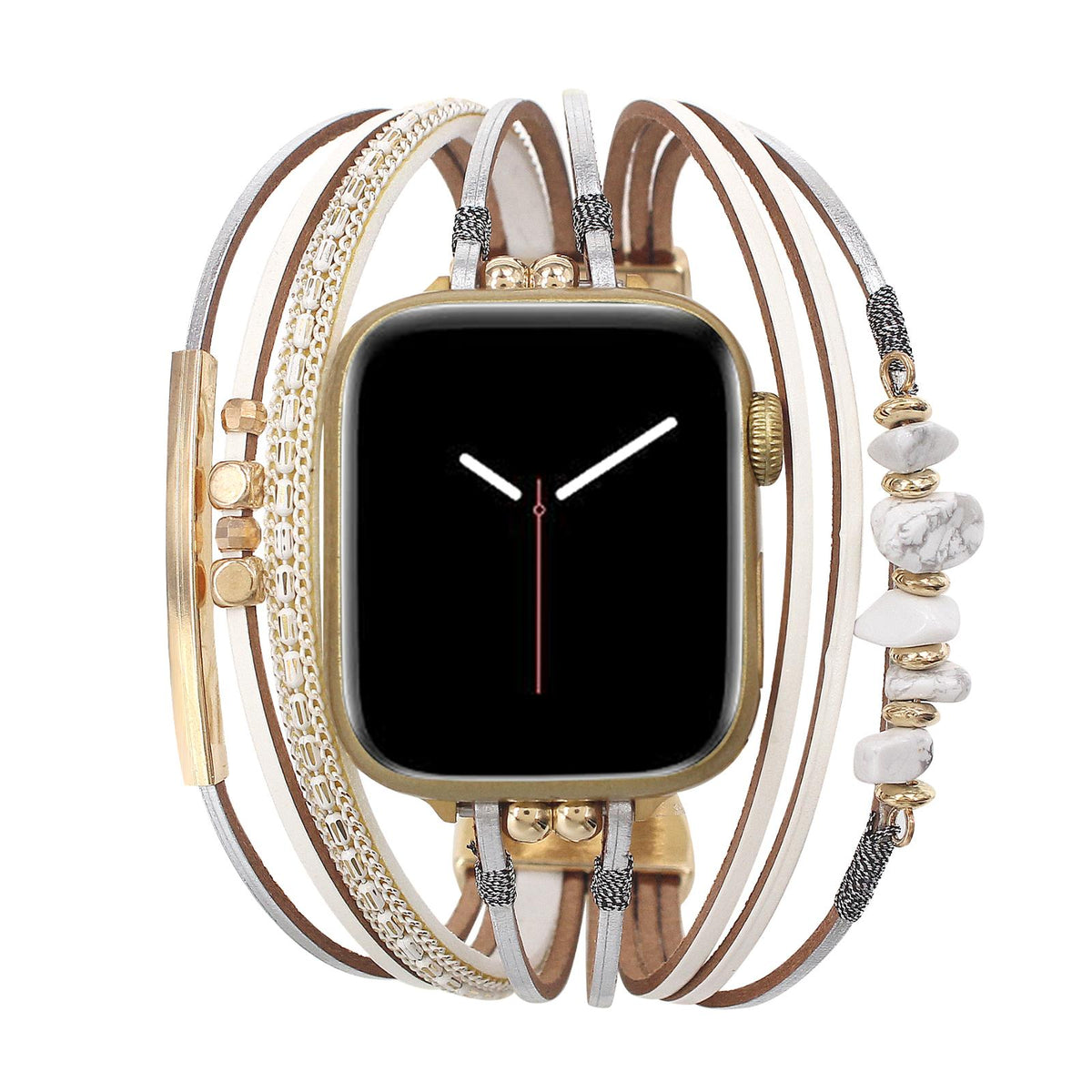 Women's Multi-Cord Watch Bracelet with Gold Details and Green Stones, Elegant Wrist Accessory
