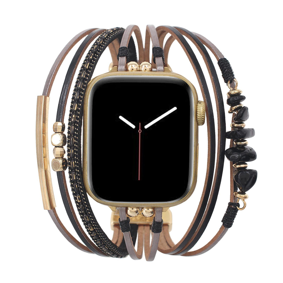 Women's Multi-Cord Watch Bracelet with Gold Details and Green Stones, Elegant Wrist Accessory