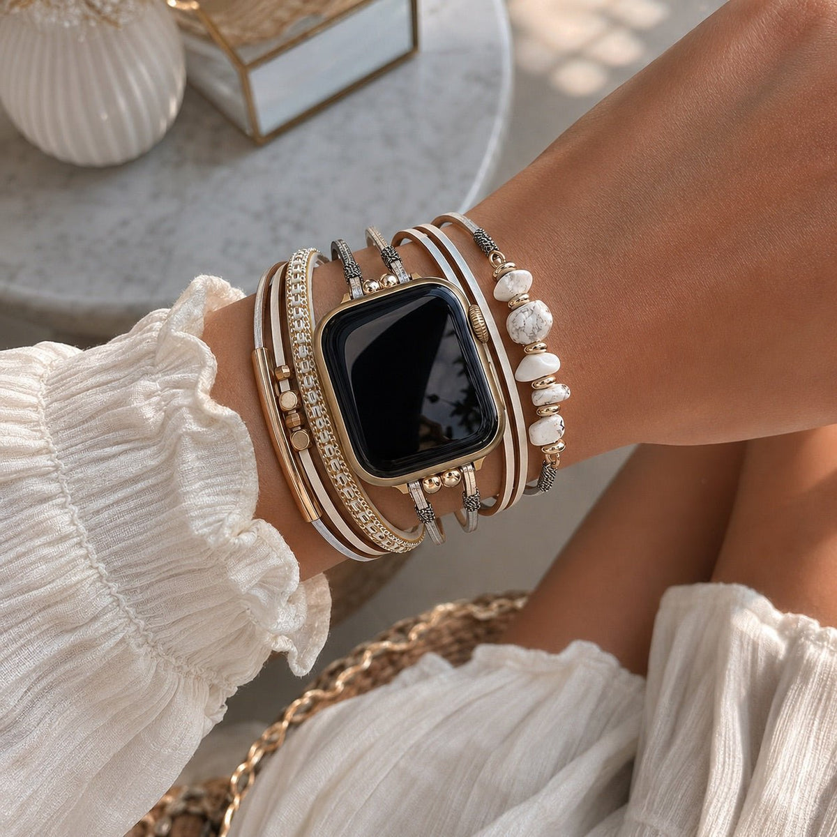 Women's Multi-Cord Watch Bracelet with Gold Details and Green Stones, Elegant Wrist Accessory