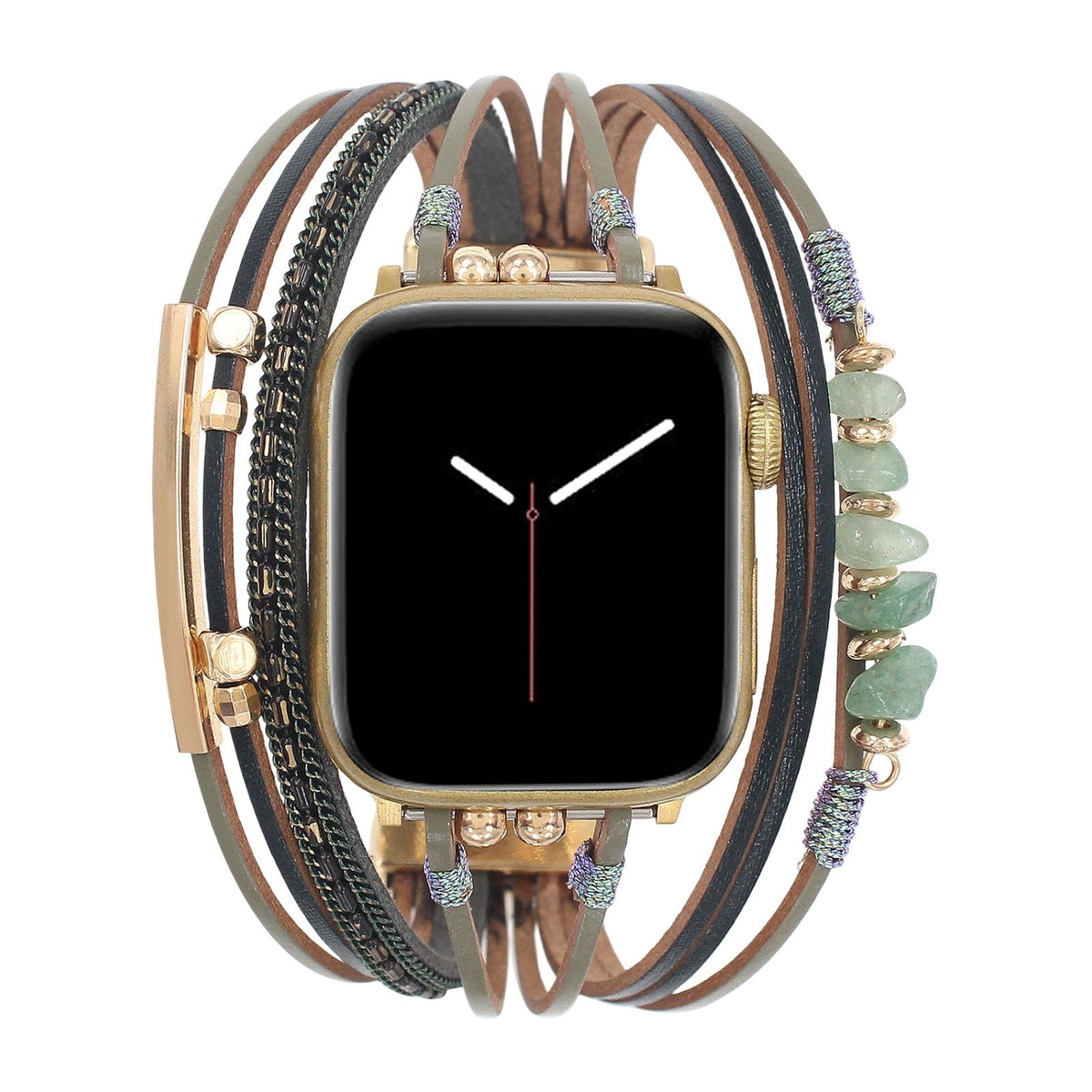 Women's Multi-Cord Watch Bracelet with Gold Details and Green Stones, Elegant Wrist Accessory
