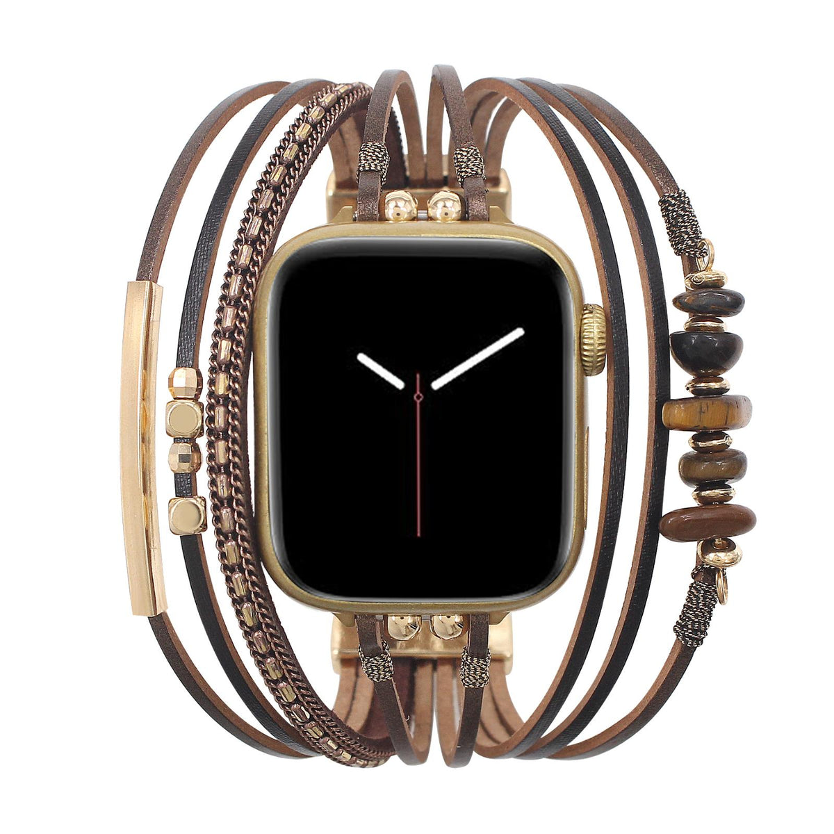 Women's Multi-Cord Watch Bracelet with Gold Details and Green Stones, Elegant Wrist Accessory