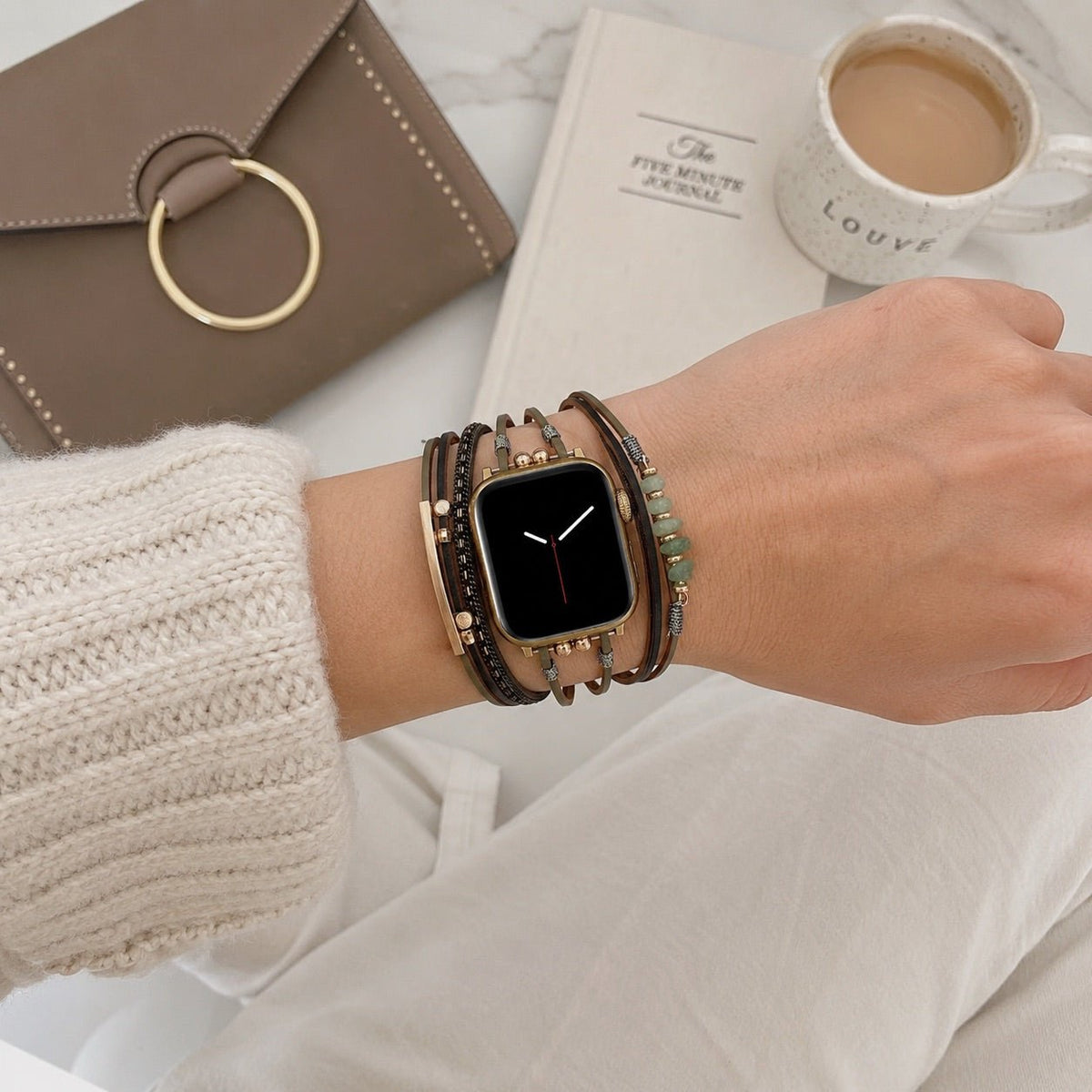 Women's Multi-Cord Watch Bracelet with Gold Details and Green Stones, Elegant Wrist Accessory