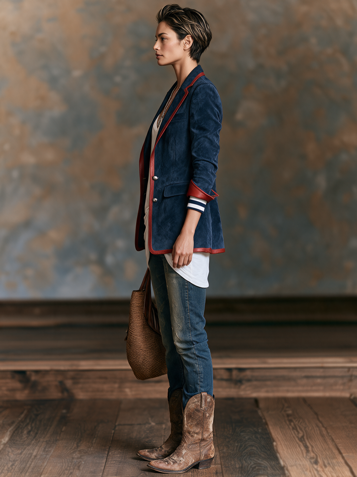 Women's Vintage-style Faux Suede Blazer With Red Leather Trim