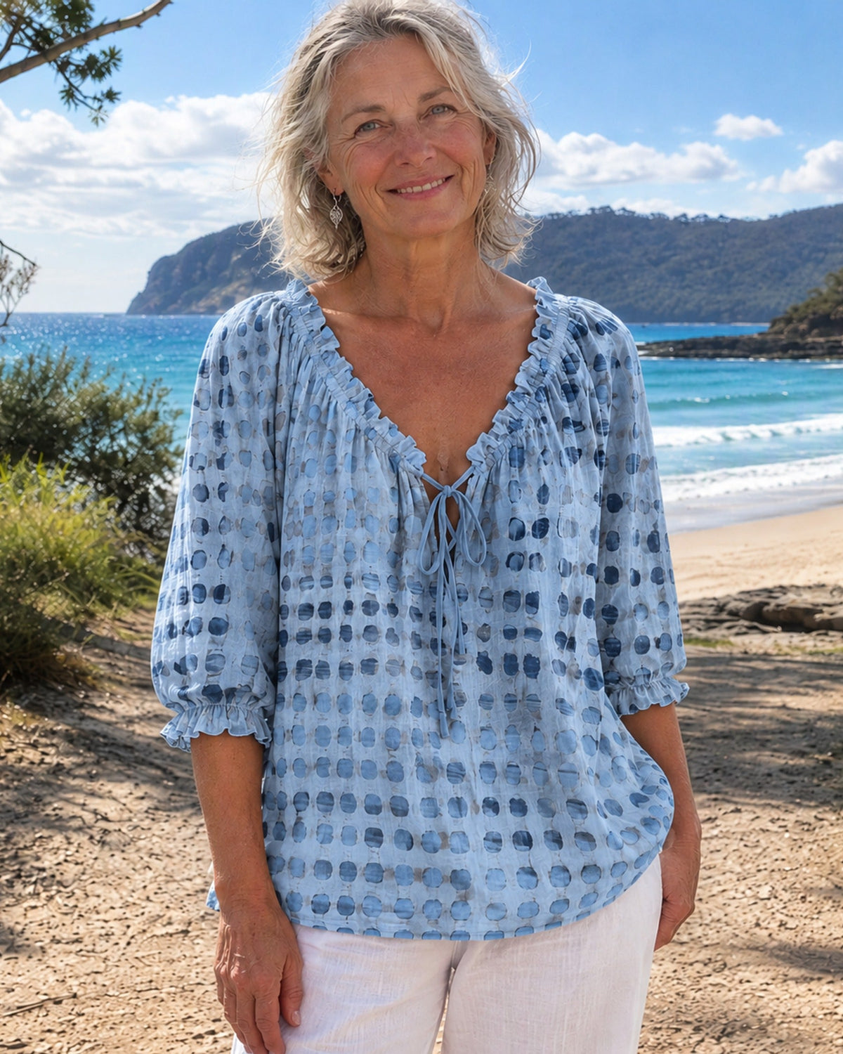 Boho Print Tie-Neck Blouse