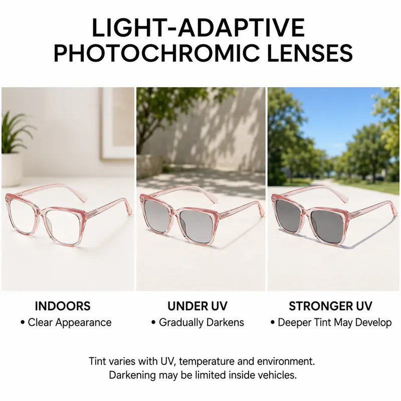 Progressive Photochromic Readers for Women, Pink Square Multifocal Reading Glasses