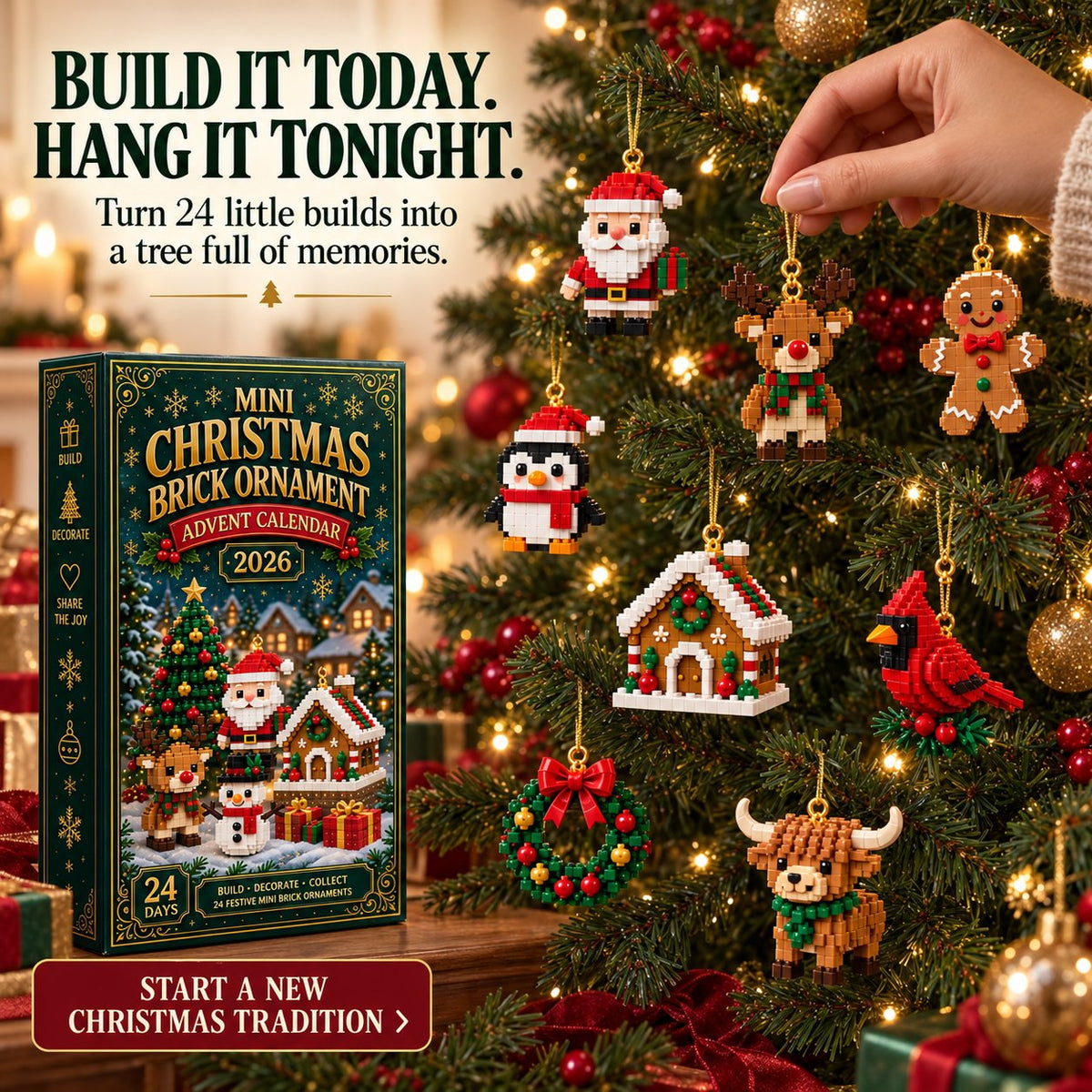 Christmas ornament advent calendar with 24 mini building sets for tree decorations