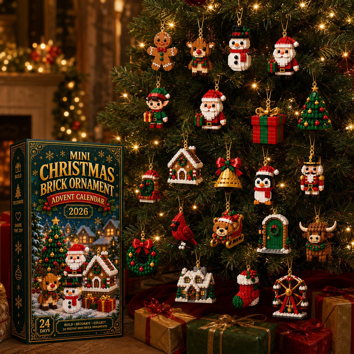 Christmas ornament advent calendar with 24 mini building sets for tree decorations