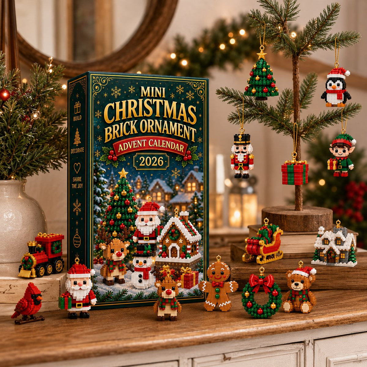 Christmas ornament advent calendar with 24 mini building sets for tree decorations