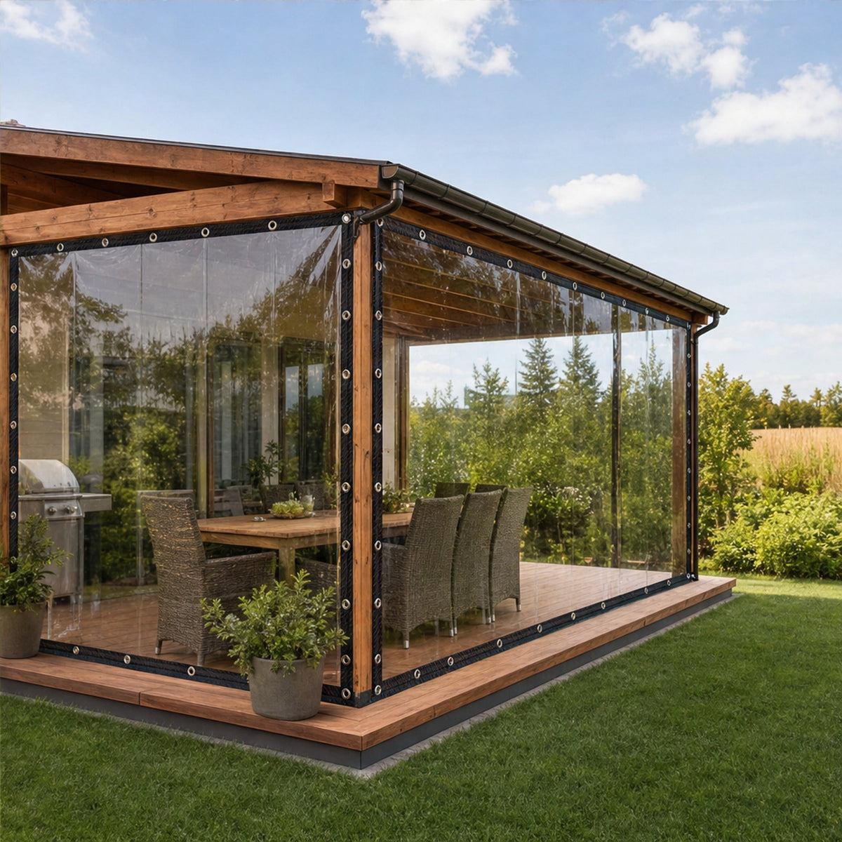 Clear weatherproof PVC tarpaulin with aluminum eyelets