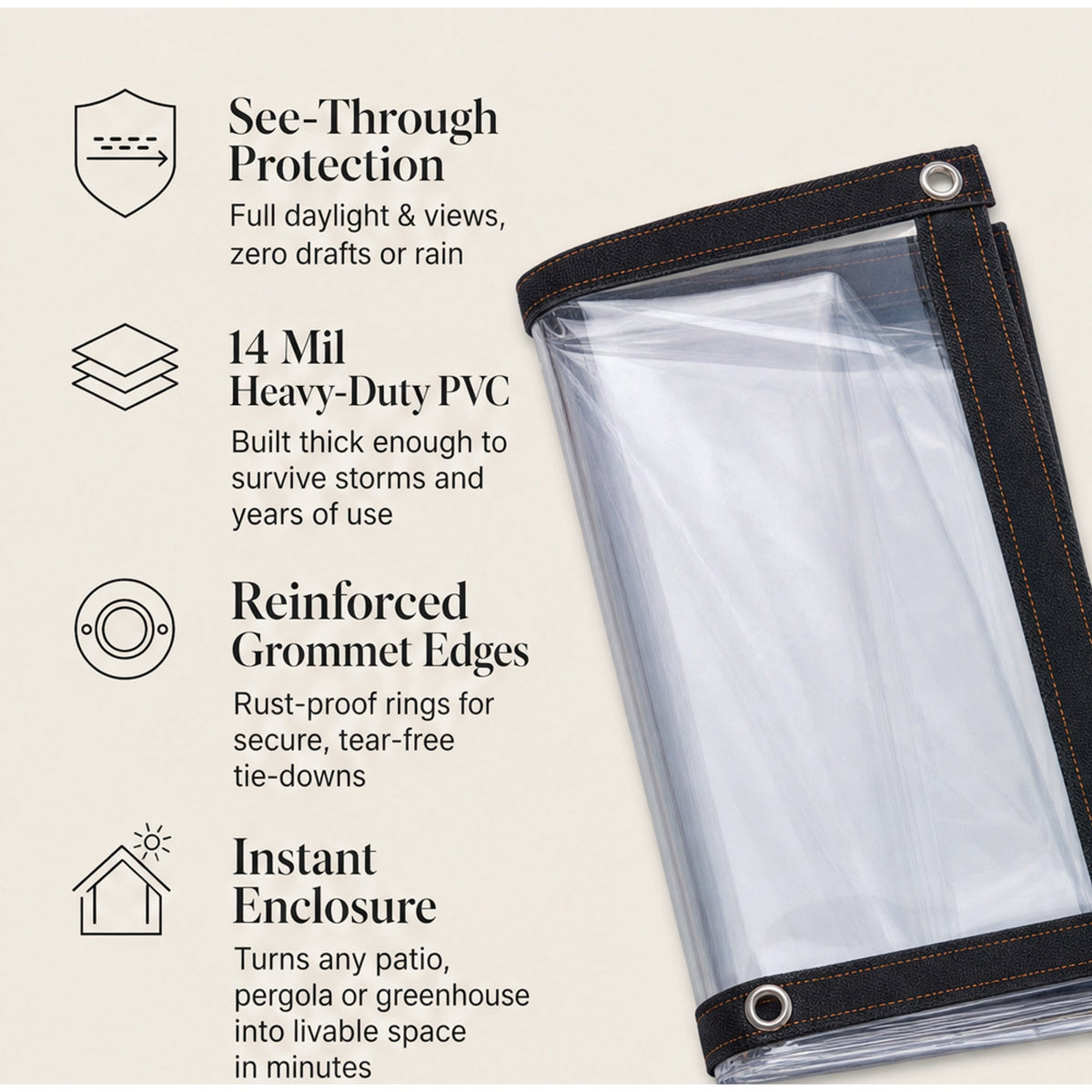 Clear weatherproof PVC tarpaulin with aluminum eyelets