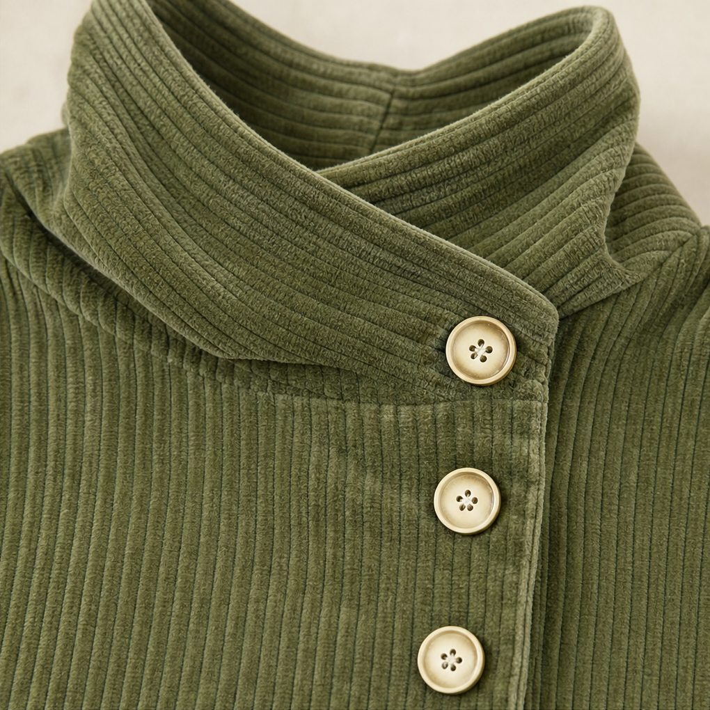 Funnel Collar Asymmetric Button Corduroy Top