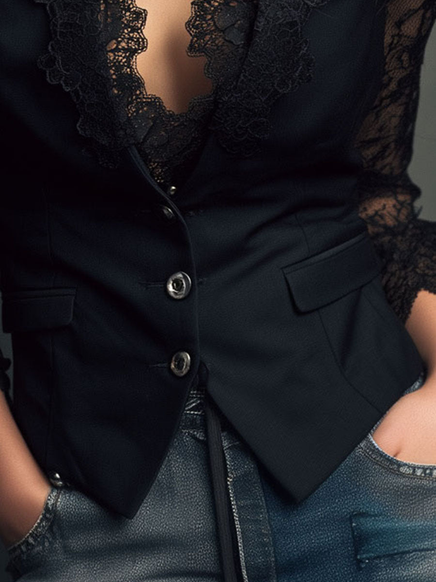 High Black Blazer with Semi-Sheer Sleeves