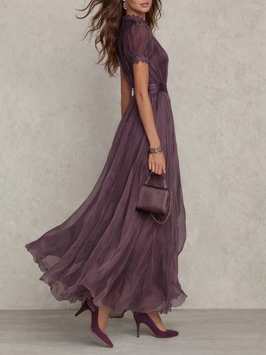 Women's Short Sleeve Keyhole Maxi Dress with Flowing Chiffon Skirt