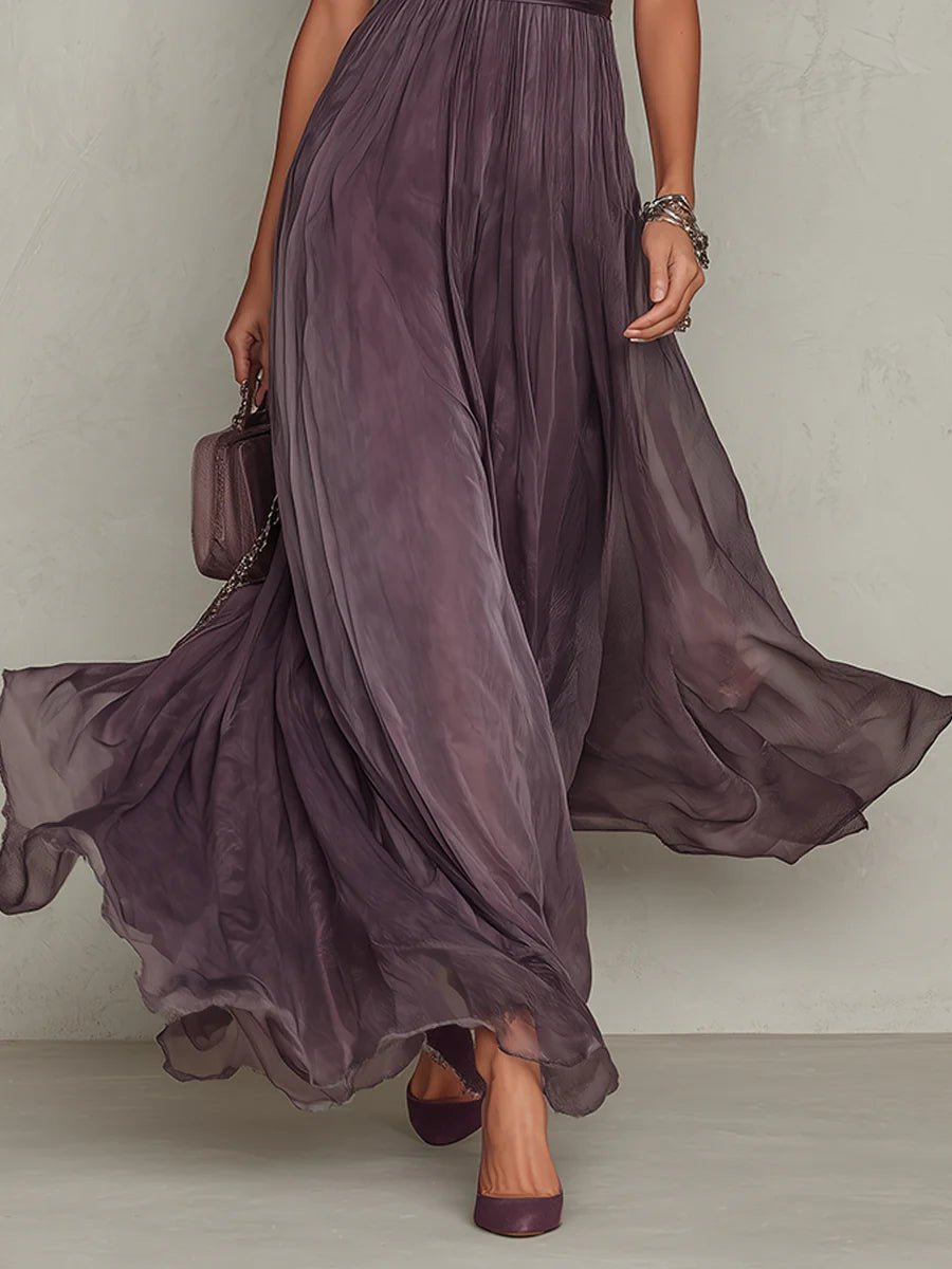 Women's Short Sleeve Keyhole Maxi Dress with Flowing Chiffon Skirt