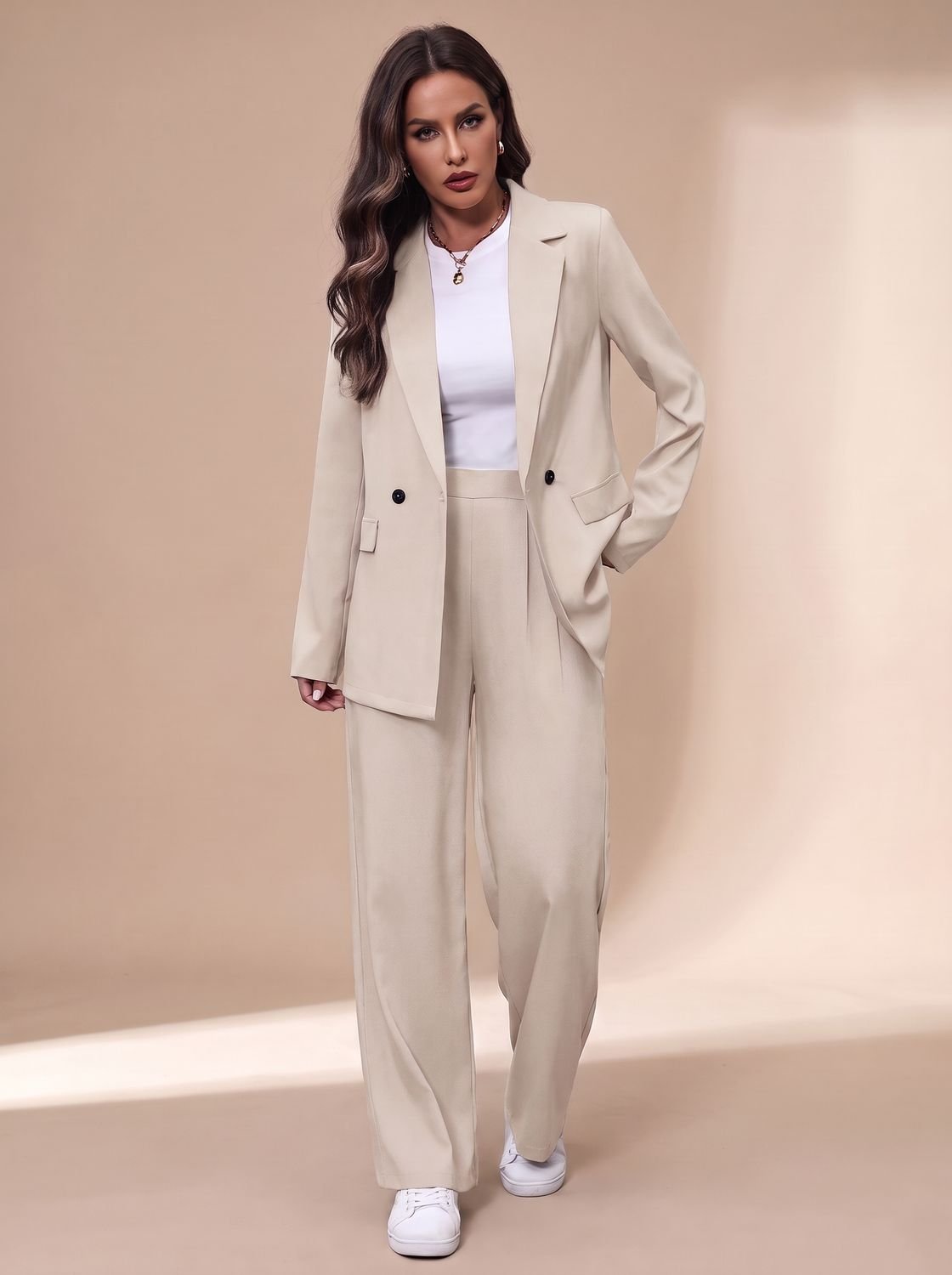 Clara Women's Fitted Double-Breasted Pant Suit with Wide Trousers