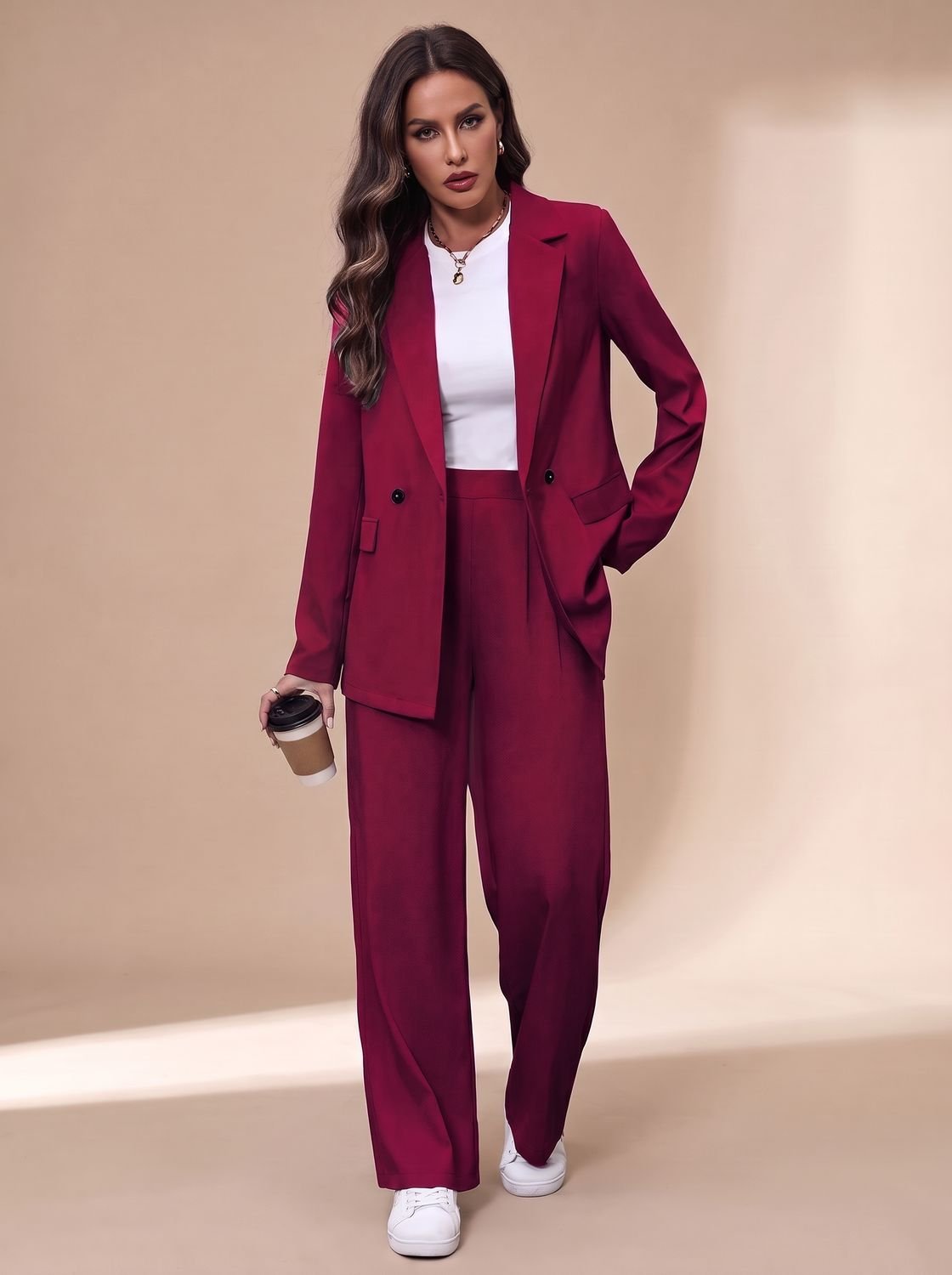 Clara Women's Fitted Double-Breasted Pant Suit with Wide Trousers
